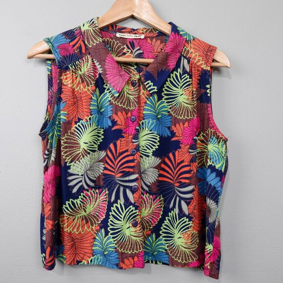 Many Belles Down Tropical Floral Top Sz M Pink Blue Coral Button Up Cropped Tank - Picture 1 of 9